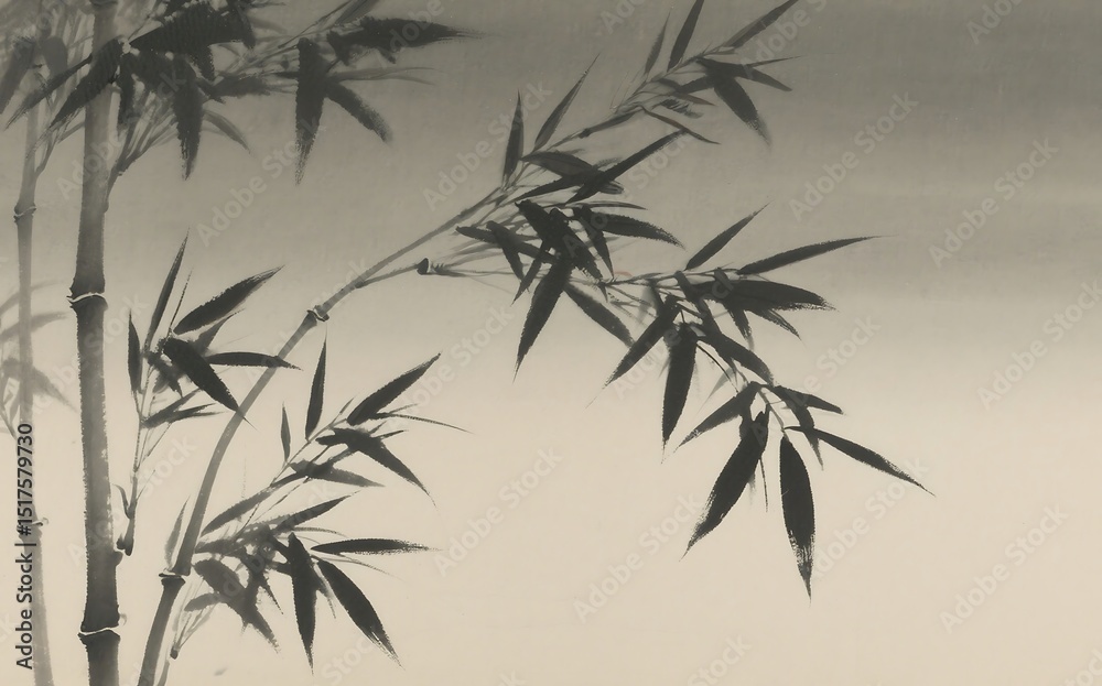 Obraz premium Traditional Ink-Wash Painting of Bamboo Leaves on Gradient Background – Zen Tranquil Art