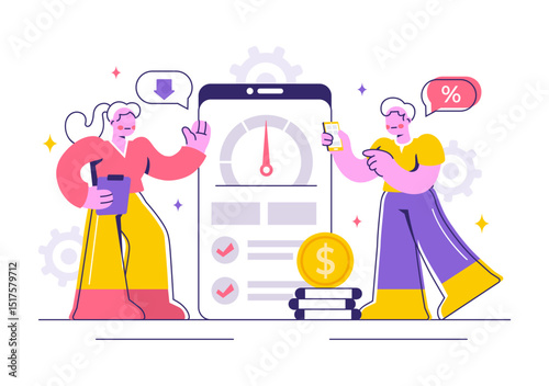 Credit Score Vector Illustration with a Loan Arrow Gauge Speedometer Indicator Displaying Ratings from Poor to Good in a Flat Style Background