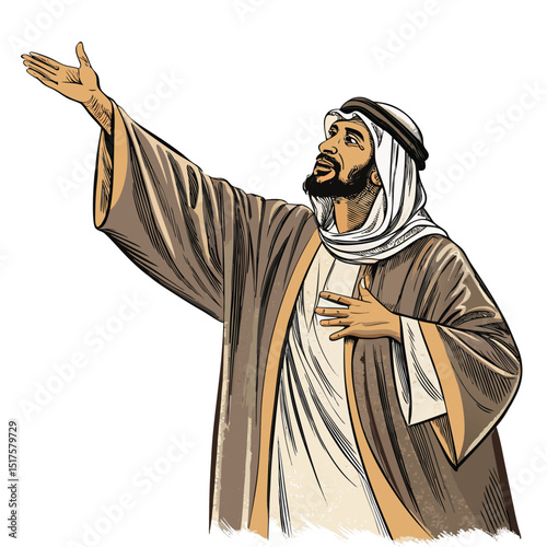 Illustrate a dignified Arabian poet, isolated on a white background, embodying traditional attire and thoughtful expression.
