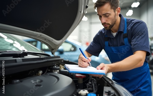 Professional car mechanic checklist for working on the engine of the car in the garage for car auto repair service and maintenance check concept for the car before leaving. High quality
