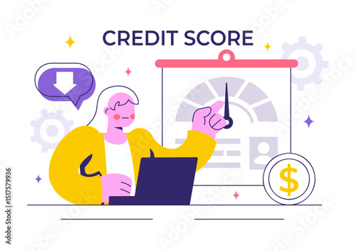 Credit Score Vector Illustration with a Loan Arrow Gauge Speedometer Indicator Displaying Ratings from Poor to Good in a Flat Style Background