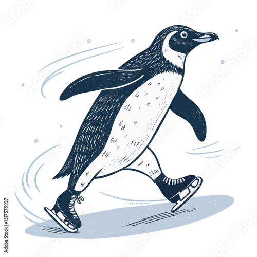 A dapper penguin, wearing a top hat and tails, gracefully ice skates on a pristine, clear ice rink.  Isolated background.