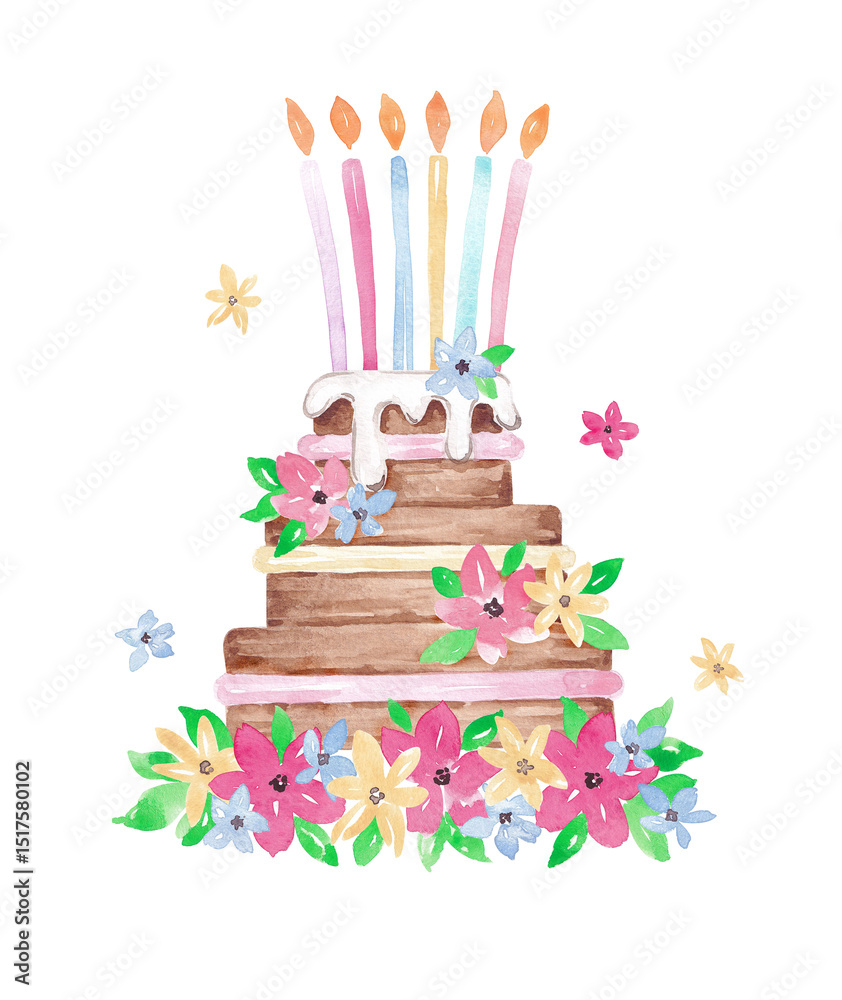 Fototapeta premium Happy Birthday card design. Hand drawn cake with candles and flowers. Watercolor illustration. Bright colorful clip art for greeting card, banner, invitation