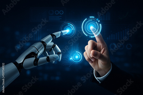 AI generated image of human and robotic hands interacting with glowing holographic dashboard symbolizing future collaboration technology intelligence and data control