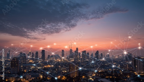 City skyline at twilight, connected by digital network