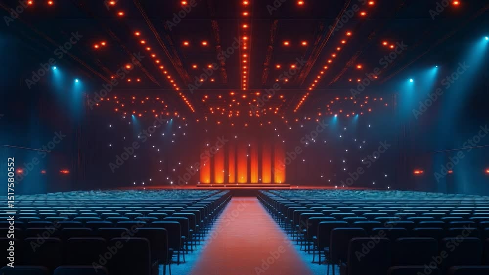 Concert Hall Ready for Show: An empty concert hall awaits the thrill of a live performance.  The stage is set with warm orange and cool blue lighting, creating a dramatic and atmospheric scene.