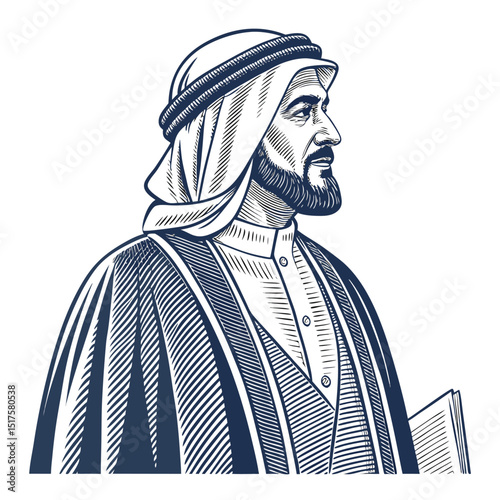 Illustrate a scholarly Arab man, isolated on a white background, in traditional attire,  exuding wisdom and intellect.