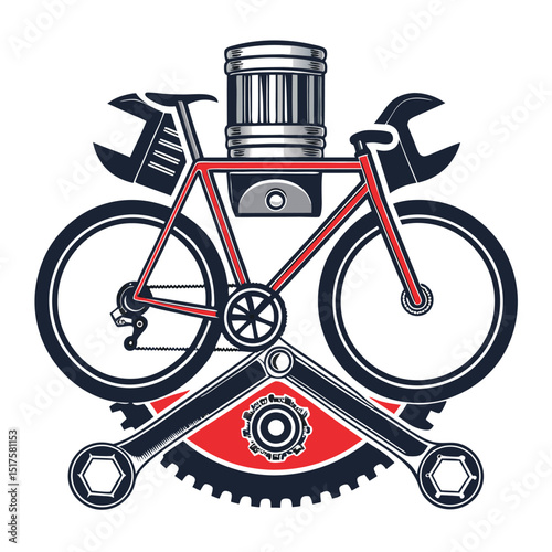 A stylized image depicting a piston and wrench crossed behind a sleek race motorcycle's silencer; conveying speed, power, and mechanical precision.