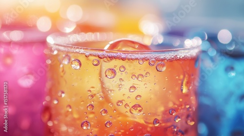 Colorful effervescent soda drinks with bubbles in transparent glasses