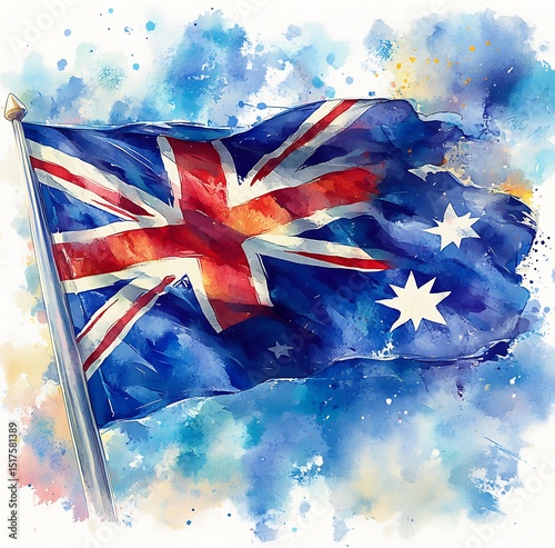 Artistic watercolor painting of the australian flag waving against a beautiful blue sky
