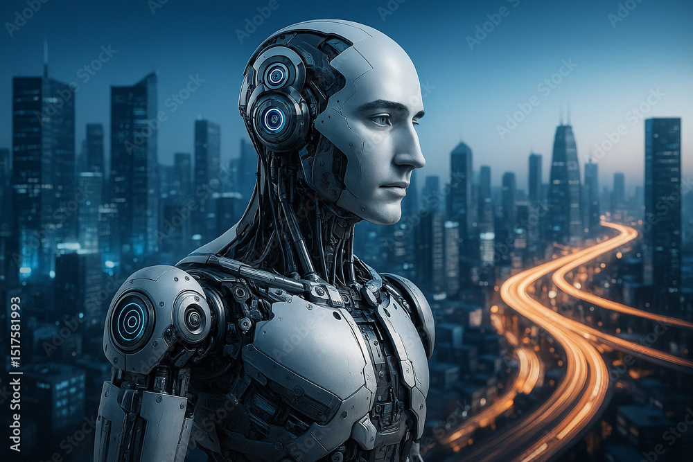 Naklejka premium AI generated futuristic humanoid robot in a high-tech cityscape background with glowing highways symbolizing intelligent technology and urban advancement.