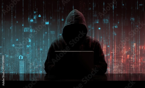 Silhouette of hooded figure, laptop, digital background