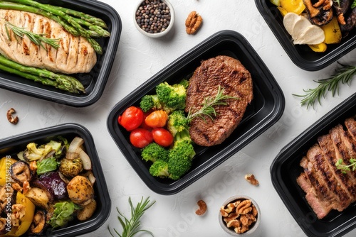Assorted meal prep containers, featuring grilled meats, vegetables, and healthy sides