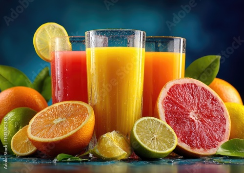 Fresh citrus juices in glasses, surrounded by various citrus fruits and leaves