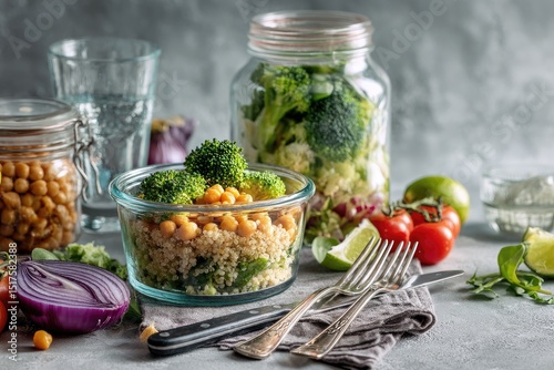 Healthy lunch containers filled with quinoa, chickpeas, and broccoli