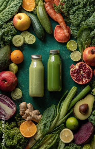 Two green smoothie bottles surrounded by a vibrant array of fresh fruits and vegetables