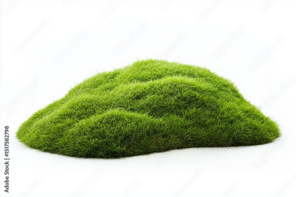 Fototapeta premium Lush green grass hill rising prominently against a white background showcases nature's beauty and tranquility in a simple yet striking composition captured in a serene setting