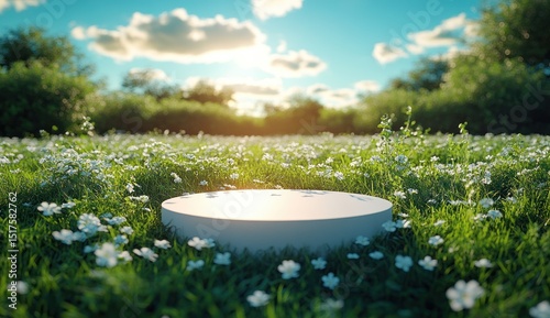 Empty, round, white platform in a meadow scene.