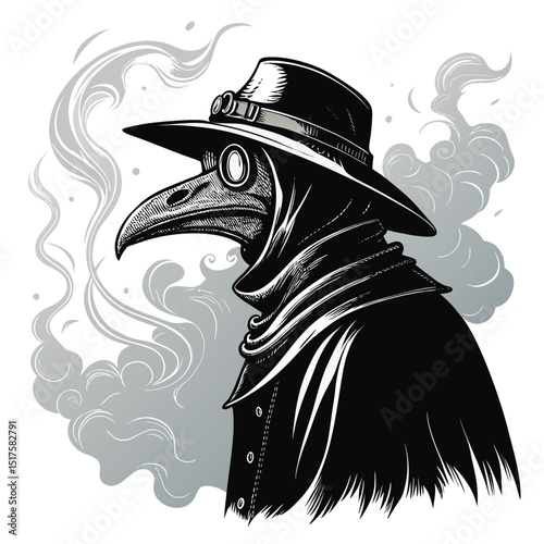 A plague doctor, raven mask obscuring face, emanating a swirling, smoky aura, stands in a dimly lit, gothic setting.