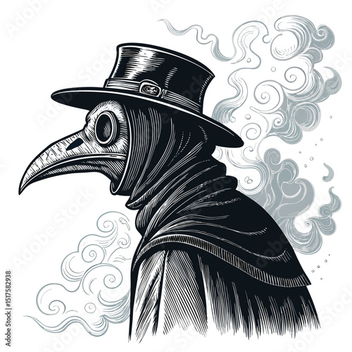 A plague doctor, raven mask, ethereal smoke aura, detailed, dark fantasy art, dramatic lighting, intricate costume.