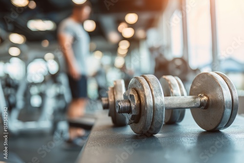 Gym dumbbells on a bench. Blurred gym background
