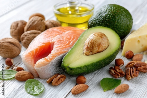 Healthy food selection on a white wooden surface.  Fresh salmon, avocado, nuts, and cheese