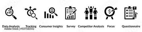 Market research glyph icon set. data analysis, tracking, consumer insights, survey, competitor analysis, focus, questionnaire