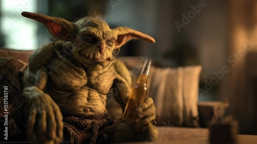 Fantasy goblin creature relaxing on a cozy armchair in a warmly lit living room, showcasing detailed textures and a whimsical, imaginative atmosphere perfect for fantasy storytelling