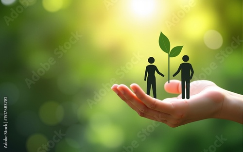 CSR icon concept in the hand for business and organization, Corporate social responsibility and giving back to the community on a green nature background. High quality