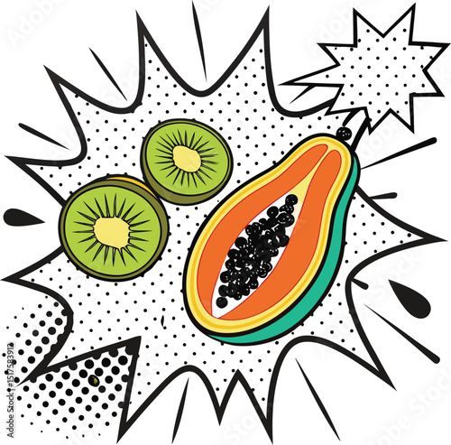 Seamless vector pattern illustration featuring colorful fruits and vegetables with leaves, a natural and vibrant food design