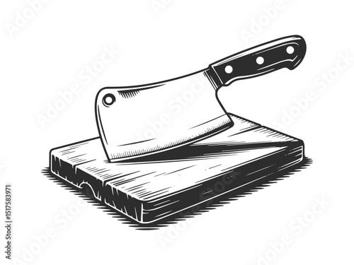 Butcher cleaver on wooden cutting board illustration