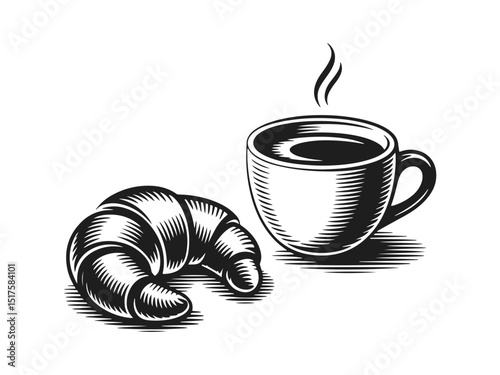 Vintage illustration of coffee and croissant breakfast