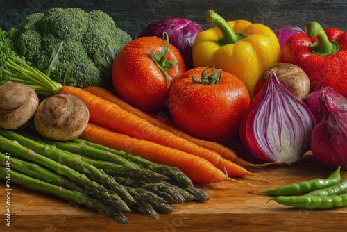 Fresh vegetables arranged on a wooden board