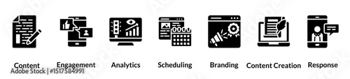Social media management glyph icon set. content, engagement, analytics, scheduling, branding, content creation, response