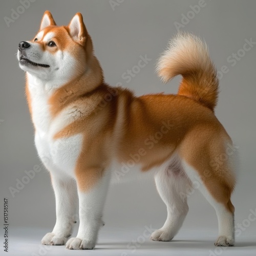 Beautiful Shiba Inu dog standing sideways with fluffy tail curled up on a plain grey background, showcasing its alert posture and dense coat