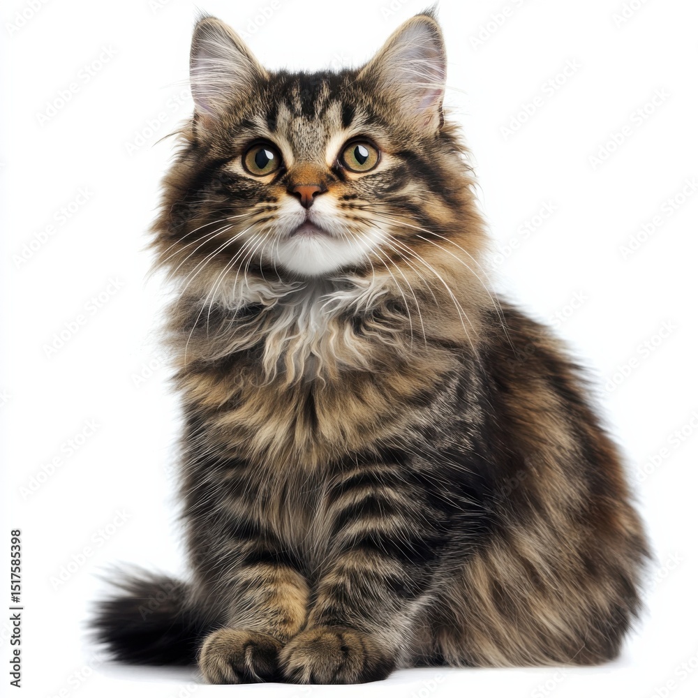 Obraz premium Adorable long-haired striped tabby kitten with expressive eyes sitting on white background showcasing feline cuteness and natural beauty in a studio shot