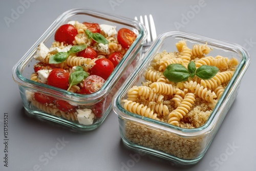 Two clear glass lunch containers, one with pasta salad, the other with spiral pasta and couscous, on a gray surface