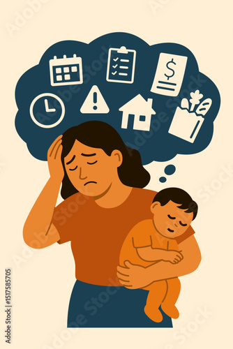 Illustration of a tired mother carrying a sleeping child while overwhelmed by household and daily responsibilities.