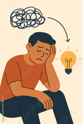 Illustration of a sad man sitting with his head in hand, tangled thought cloud above his head turning into a lightbulb. Concept of overthinking, anxiety, mental clarity