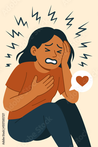 Illustration of a woman experiencing a panic attack, showing emotional distress with hand on chest and head. Concept of anxiety, mental health crisis, fear, and the importance of emotional support
