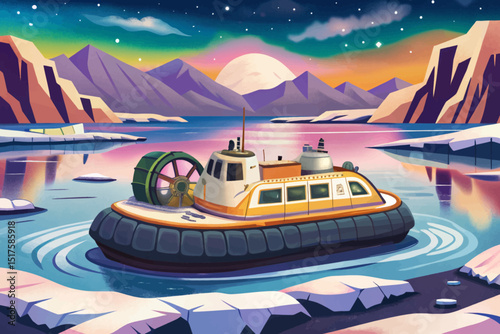 Amazing scene features a polar landscape vector with hover craft, ice plates, and an aurora illustration