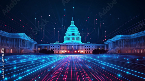 U.S. Capitol Surrounded by Glowing Digital Grid and Data Streams – Symbolic Visualization of Cyber Politics, AI Governance, Big Data, and the Technological Evolution of American Democracy

