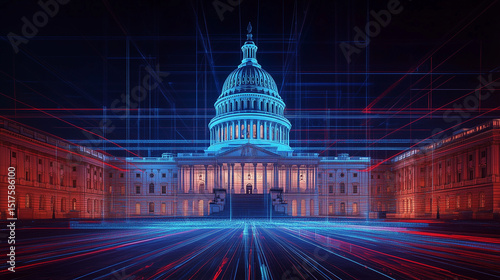 Digital Grid Overlay on the U.S. Capitol – Symbolic Illustration of Technological Transformation, Cyber Governance, AI-Driven Politics, and the Future of Democracy in a Connected World


