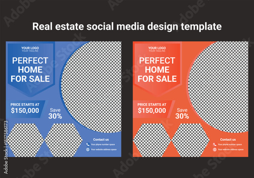 Real estate social media post template design, home sale advertising banner design