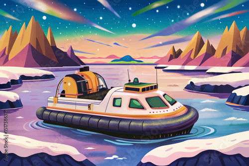 Amazing scene features a polar landscape vector with hover craft, ice plates, and an aurora illustration