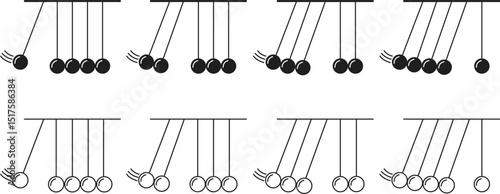 Newton's cradle flat and line icon set. Newton cradle minimal, science kinetic art, energy transfer design, momentum, law of motion symbols, hanging concept vectors isolated on transparent background.