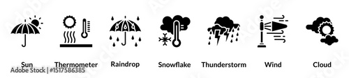 Weather glyph icon set. sun, thermometer, raindrop, snowflake, thunderstorm, wind, cloud