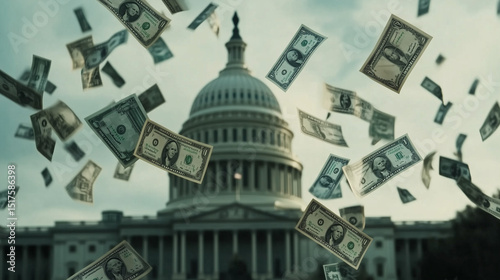 Surreal Image of U.S. Capitol with Money Falling from the Sky – Symbolic Depiction of Government Spending, Corruption, Politics, Lobbying, and Financial Influence in American Democracy

