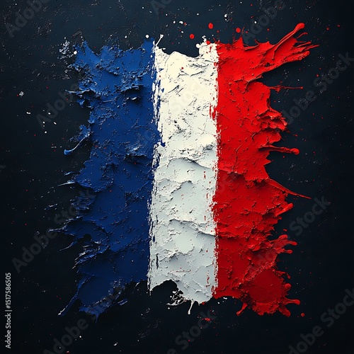 Artistic representation of the french flag with textured paint strokes on a dark background