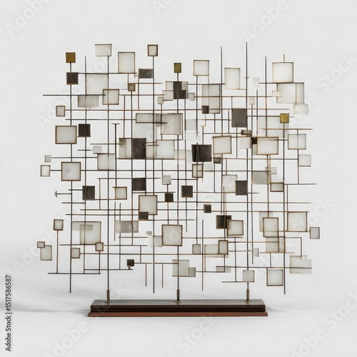 Abstract metal sculpture, a grid of squares and lines, on a dark base